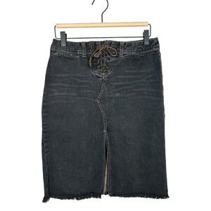 Express Jeans Vintage Y2K Jean Denim Lace Up Front Midi Skirt Frayed Hem Stretch
